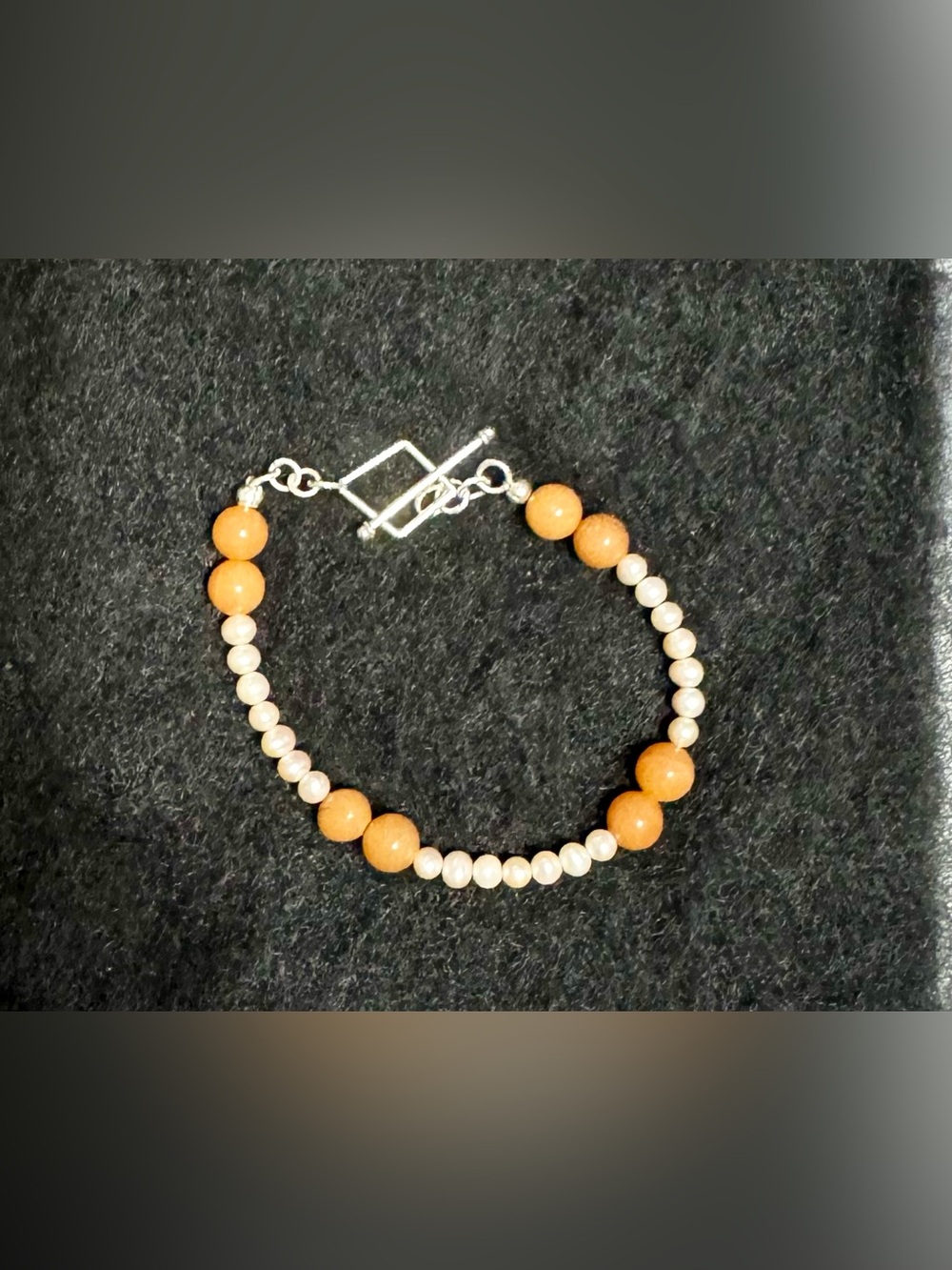Handmade Orange Aventurine &
Freshwater Pearl 935 Sterling Silver Clasp Bracelet